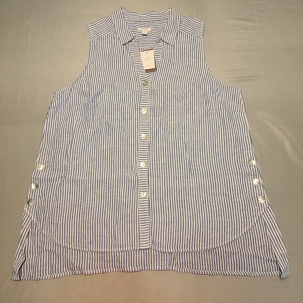 J. Jill Linen Sleeveless Tunic‎ Womens LP Blue White Striped Side Button Top NEW